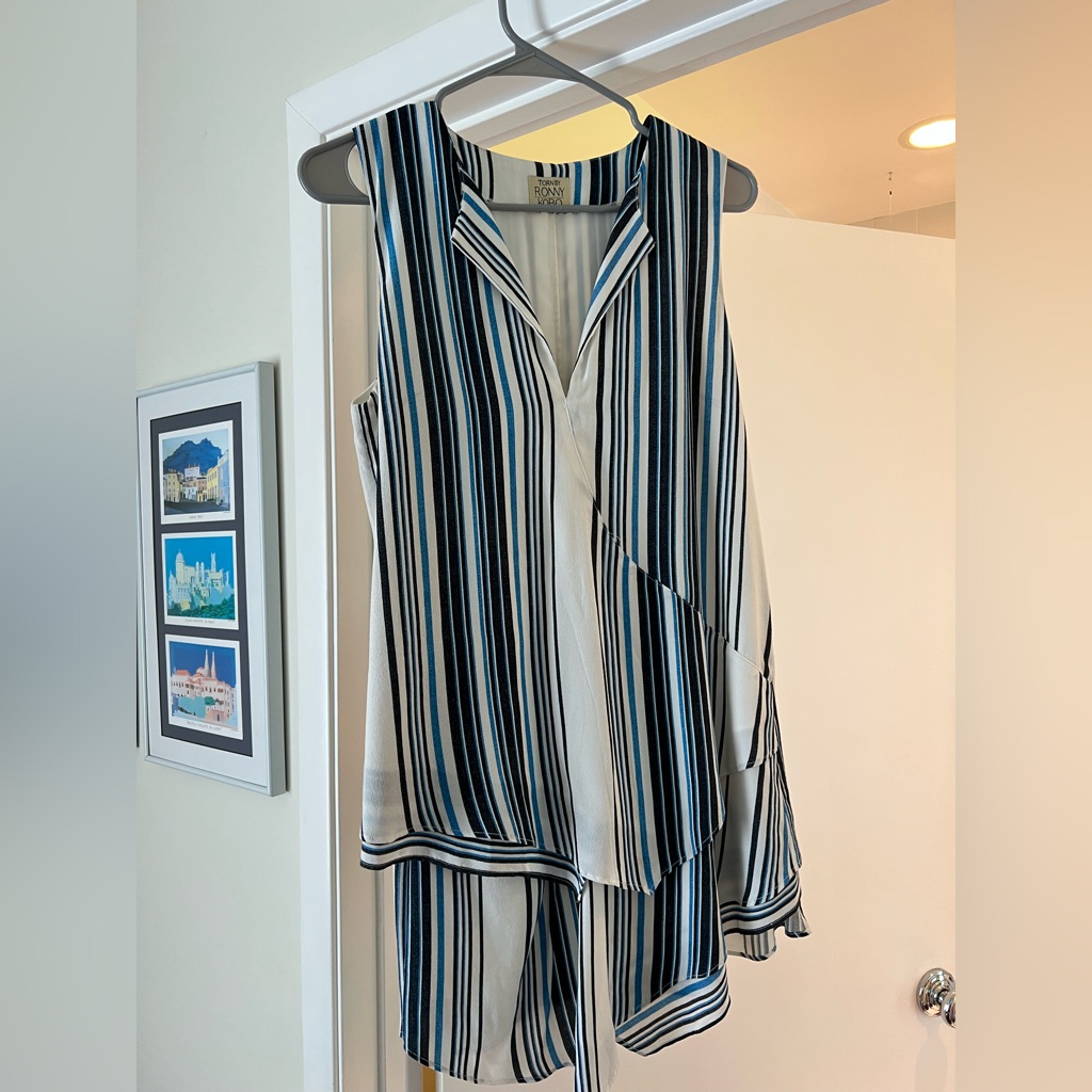 Torn By Ronny Kobo Sleeveless, Striped Mini Dress With Layers/ Unique Asymmetry